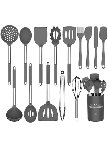 Umite Chef Kitchen Utensils Set 15 Pieces Silicone Heat Resistant Non-Stick BPA Free Stainless Steel Handle Spatula Spoon Tongs Whisk Cookware