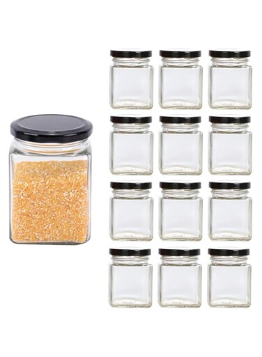 FUFU square jar with black sealed metal regular lid (4oz/100ml), sealed transparent glass jar, used as dessert, coffee beans, seasoning, honey, jam, jelly, total 12 jars (100ML)