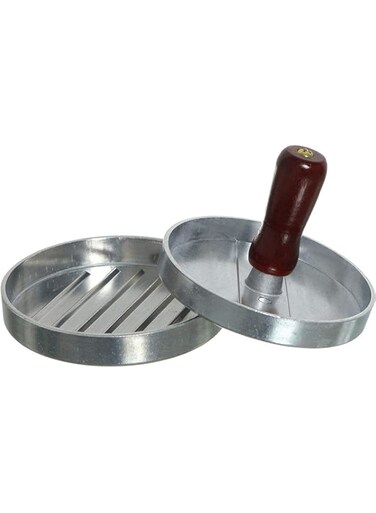 Burger Press Circular Shape With Wooden Handle, Silver