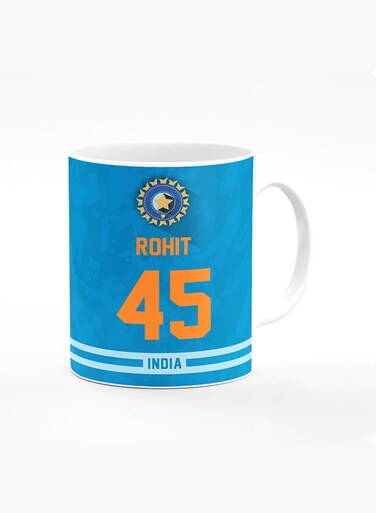 Designer Printed Coffee Mug with Heavy Duty Handle 11oz Ceramic Personalised Gift Mugs Cup - Cricket Player - Rohit Sharma, Jersey Number - 45 (With Logo)