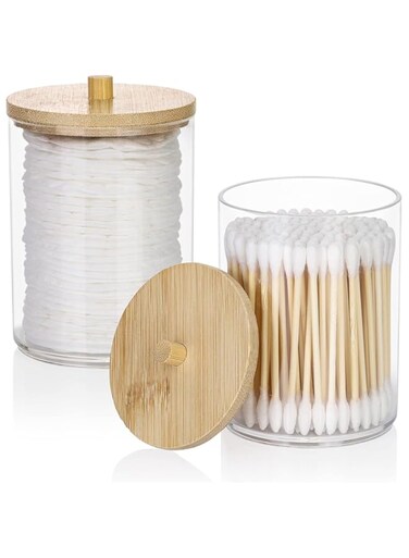 Tazweeq Bathroom Jars Qtip Holder, 2 Pack Apothecary Jars, Acrylic Cotton Ball Holder, Clear Bathroom Canisters with Bamboo Lids for Cotton Swab Cotton Brush