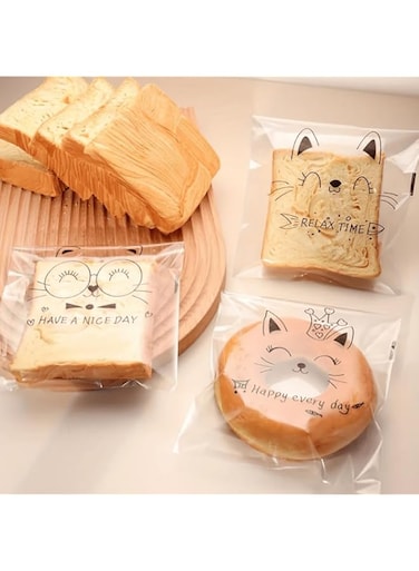 100pcs Cute Transparent Cat Bear Bunny Animal Bread Toast Cookies Self-Adhesive Sandwich Storage Reusable Plastic Sealable Bag
