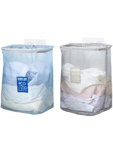 Owving 2 Pcs Hanging Laundry Hamper Bag 13in Wall Hanging Dirty Laundry Basket Foldable No-punch for Dirty Clothes Organization and Storage(Blue and Gray)