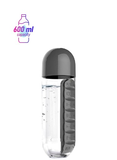 Bottle With Daily Pill Box Organizer 600 ml Black/Clear
