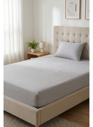 Cotton 2-Piece Microfiber Single Fitted Sheet Set &acirc;&euro;&ldquo; Light Gray Striped 90&Atilde;&mdash;190 cm with Full Elastic &amp; 1 Pillowcase