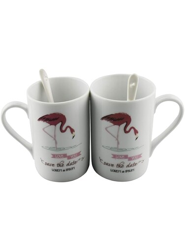 GulfDealz Flamingo Cup With Spoon Set Of 2 - White &amp; Pink