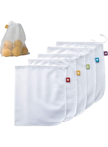 ChicAbode 5 Pcs Drawstring Bags, Produce Bags, Washable Mesh Bags, Reusable Saver Containers, Machine Washable Produce Net Bags, Organic Cotton Vegetable Bags, for Fruits, Vegetables