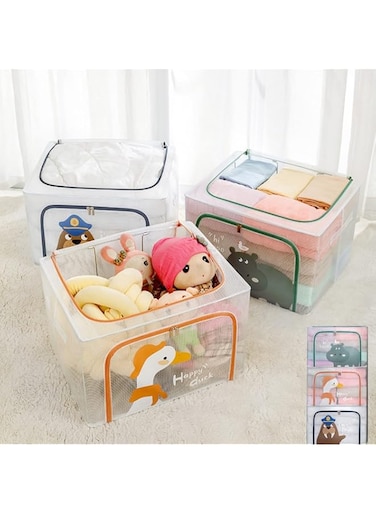 Foldable Clothes Storage Boxes with Steel Frame 66L 3 Pack Transparent Cute Foldable Storage Boxes Double Zipper Clothes Storage Organizer for Clothing Shoe Toys Bedroom (3PCS 66L)