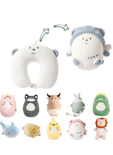 Travel Pillow Kid, 2-in-1 Travel Pillow for Kids, Neck, Soft and Adorable Bear Animals Plushie That Converts into a U-Shaped Neck Pillow for Ultimate Comfort During Airplane, Car, Train, Bus Trip