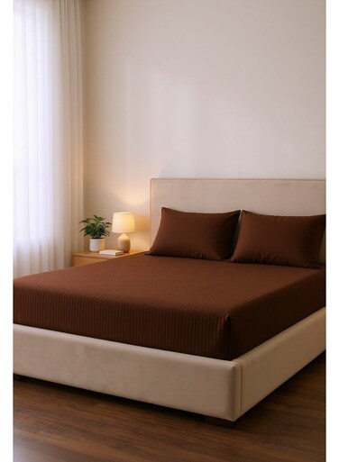 Cotton 3-Piece Microfiber Super King Fitted Sheet Set &acirc;&euro;&ldquo; Chocolate Striped 200 x 200 cm with Full Elastic &amp; 2 Pillowcases