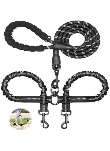 X spring Dog Lead Sets, Dual Dog Leash, Black Dog Leash Coupler, 360 Swivel No Tangle Double Dog Walking Training Leash, Comfortable Shock Absorbing Reflective Bungee for Two Dogs