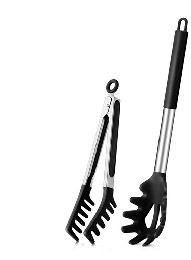 Pasta Spoons And Pasta Tongs, Non-Stick Silicone Spoons And Forks, Pasta Tongs With Teeth And Stainless Steel Handles, Pasta Food Tongs, For Serving Spaghetti, Draining Noodles, Tossing Salad, As Bread Tongs &amp; BBQ Tongs, Heat-Resistant Food-Grade Silicone, Black ,34*6 Cm