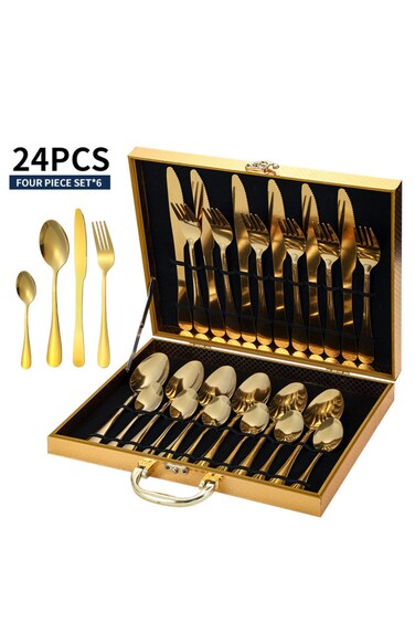 304 Stainless Steak Cutlery and Spoon Set, Elegant Cutlery Set Dinner Cutlery Set with Suitcase, Serrated Steak Cutlery for Home Restaurant Set for 6, Luxury Gift Box Case, Non-Rust Polished Surface
