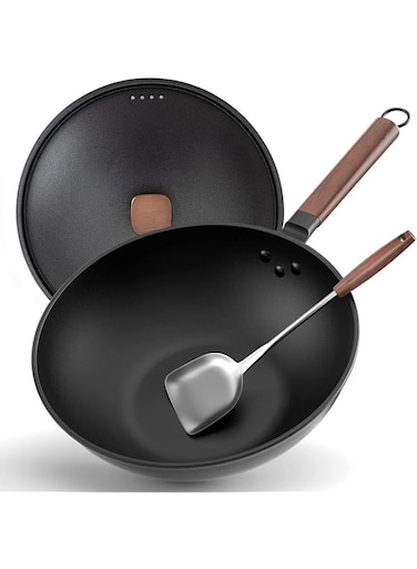 Angju Carbon Steel Wok, 30cm Wok Pan with Lid and Spatula, Nonstick Woks and Stir-fry Pans, No Chemical Coated Flat Bottom Chinese Wok for Induction, Electric, Gas, All Stoves, black