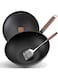 Angju Carbon Steel Wok, 30cm Wok Pan with Lid and Spatula, Nonstick Woks and Stir-fry Pans, No Chemical Coated Flat Bottom Chinese Wok for Induction, Electric, Gas, All Stoves, black