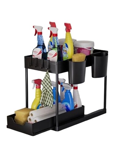 Azonee Under Sink Storage Organizer, 2-Tier Pull-Out Shelf for Kitchen &amp; Bathroom, Space-Saving Cabinet Organizer, Easy Access Storage Solution