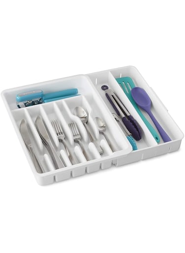 YouCopia Expandable Utensil Tray DrawerFit Organizer for Kitchen Drawer, Adjustable Flatware and Cutlery Storage, Durable &amp; Easy to Clean, Non-Slip, BPA-Free, White