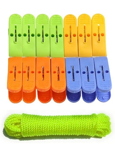 15Pcs Plastic Clip With Rope Laundry Clothes Pins Clips With 10 Meter Rope