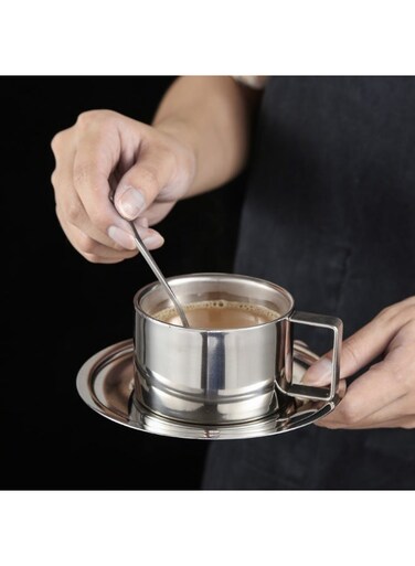 ml Stainless Steel Double-Wall Coffee Cups Set with Spoon &amp; Saucer, Insulated Mug for Latte, Tea, Office, Home Barista, Gift for Coffee Lovers