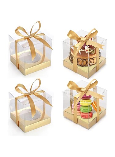 KASTWAVE Clear PVC Cake Boxes with Gold Accents - Transparent Reusable Dessert Packaging for Macarons, Cupcakes, Cookies &amp; Mooncakes for Baby Showers, Weddings &amp; Birthdays (12PCS)