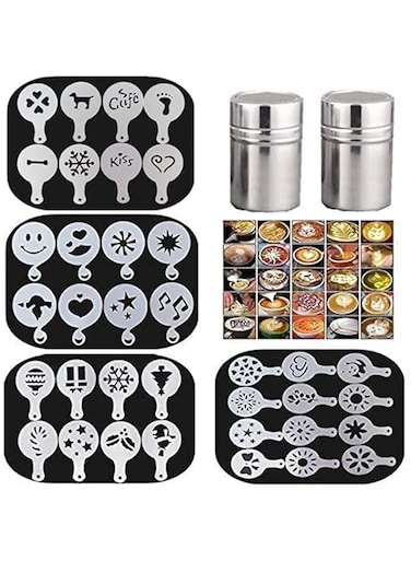ELECDON 36Pcs Coffee Decorating Stencils, and 2 Stainless Steel Mesh Powder Shaker, Foam Latte Art, Reusable Stencil Painting Mold Tools, for Dessert Coffee Decorating Cappuccino Mousse Hot Chocolate
