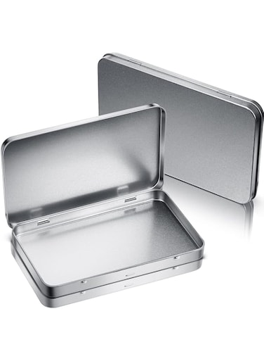 Geiserailie Metal Rectangular Tin Metal Hinged Lid Tin Metal Empty Box Container Silver Rectangular Storage Tin Box with Lid for Watercolor Jewelry Makeup Pill Candy Craft Organize (4 Pieces)