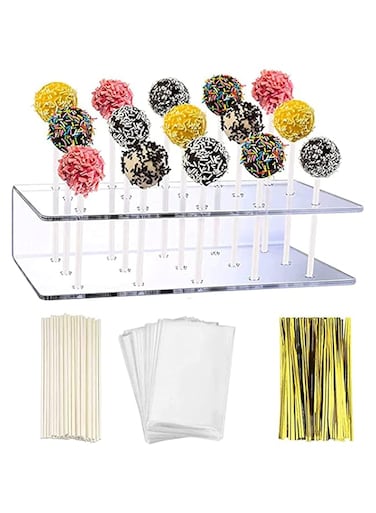KASTWAVE Acrylic Lollipop Holder Clear Acrylic Cake Pop Stand Clear Treats Bags Lollipop Sticks and Gold Metallic Twist Ties for Candy Sticks Making Tools, Baby Showers Birthday Parties Anniversaries