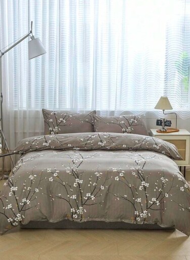 Home Queen size 6 pieces, duvet cover set, plum blossom branch flower design.