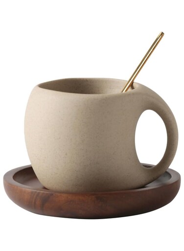 Ceramic Coffee Mug with Acacia Wood Saucer, 240 ml Espresso Cups Set for Latte, Cappuccino, Tea, Unglazed Porcelain Arty Coffee Cup for Home or Office