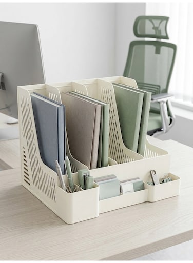 file organizer, magazine rack with pen holder, four vertical compartments, bookend, file holder for office, school, and home use.