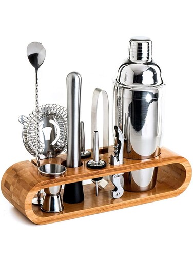 Bartender Kit: 11-Piece Bar Tool Set With Stylish Bamboo Stand - Perfect Home Bartending Kit And Martini Cocktail Shaker For An Awesome Drink Mixing Experience ExclUSive Recipes BonUS, Silver