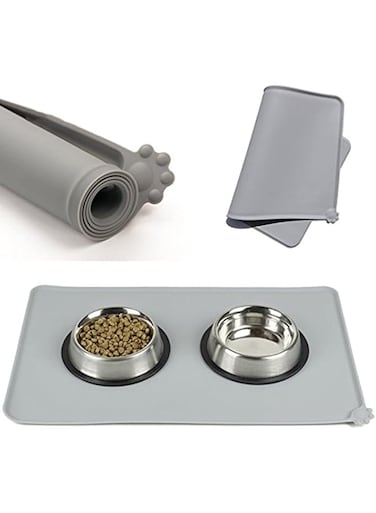 SKEIDO Pet Food Mat Pet Silicone Bowl Mat Pet Feeding Mat Waterproof Dog Cat Mat Premium Silicone Non-stick Non Slip Anti Spill Easy Clean(48 * 30) Gray