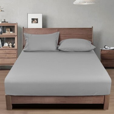 100% Garment Washed Cotton Fitted Sheet Full / Double Size (137cm x 190cm), Cozy Cloud Soft Linen Bottom Sheet, Deep 40cm Pocket, Easy Fit and Breathable, Grey