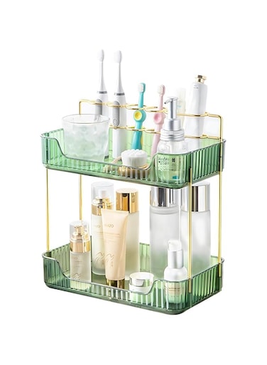 U-HOOME 2-Tier Bathroom Organizer Countertop with Toothbrush Holder,Bathroom Vanity Countertopand Perfume Organizer, Cosmetic Organizer Tray, Makeup Desk Organzie for Dressing Table ﻿ (Green)