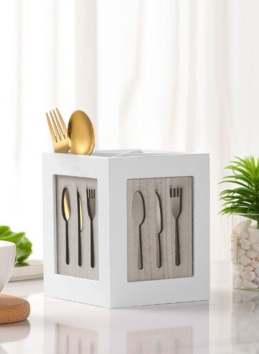 Wooden Utensils Holder Kitchen Cutlery Drain Organizer Rack Flatware Caddy Storage Box for Spoons Forks Knifes and Chopsticks