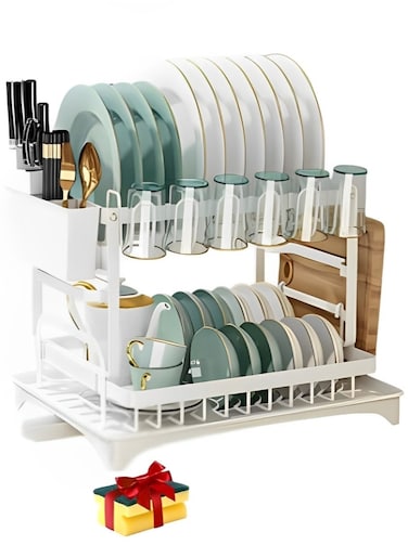 2 Tier Dish Drying Rack for Kitchen Counter, Dish Drainers for Kitchen Counter with Drainboard, Metal Kitchen Dish Rack with Drain, Kitchen Drying Rack Two Tier, Black Dish Racks (White)
