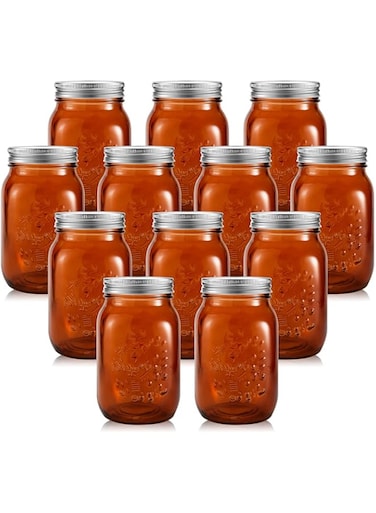 Tessco 12 Pieces 16 oz Amber Mason Jars Colored Mason Jars with Lids Glass Regular Mouth Canning Jar Pint Mason Jars