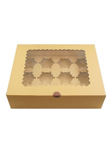 12-Piece 12-Cavities Kraft Paper Cupcake Box With Inserts Brown/Clear 32.5cm