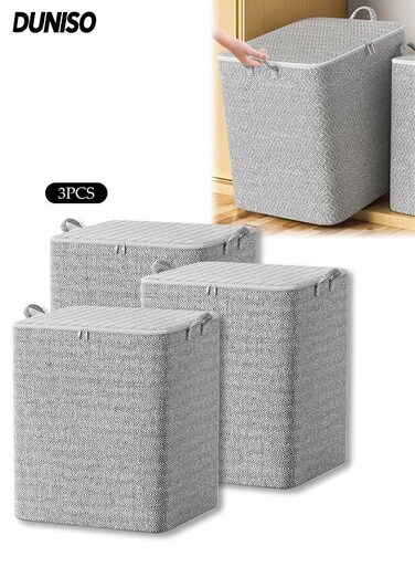 3Pcs Large Clothes Storage Bins, Foldable Blanket Storage Bags, Thickened Storage Containers with Durable Handle/Zipper for Clothing, Blanket Comforters Bed Sheets Pillows and Toys (220L)