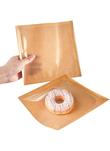 100 Pcs Bakery Bags with Window, Kraft Paper Donut Bags To Go, Heat-Sealable Grease Resistant Sandwich Bags for Packaging Cookies, Pastries and other Treats (7.5 x 7.1 Inches)