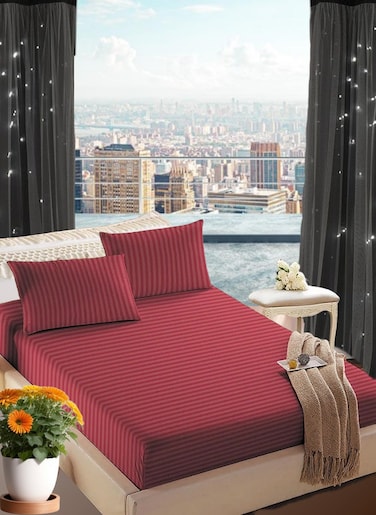 Maroon Striped Double Bed Sheet Sets Cotton 3 Piece Set Deep Pocket 150x200+35cm