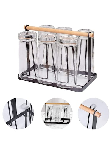 6 Cups Mug Glass Stand Metal Holder Non-Slip Hanging Drainer Upside-Down, Mugs Cup Holder Table Top Wooden handle Kitchen Stand Organizer for Drinkware Drying Rack