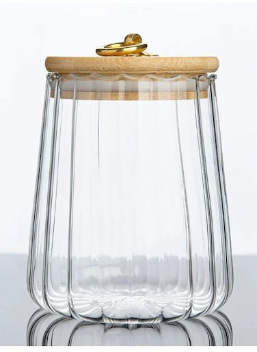 Borosilicate Glass Storage Jar with Airtight Bamboo Lid and Metal Handle, Petal Decorative Container, To Store Tea, Coffee Beans, Candy, Spices, Biscuits 600 ML Conical
