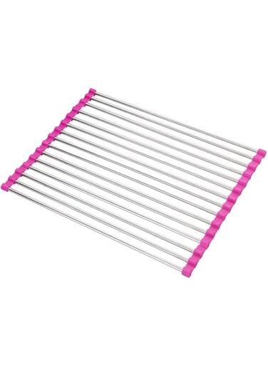 GulfDealz Kitchen Durable Foldable Multipurpose Dish Drainer Over the Sink Large Roll Up Food Containers Dish Drying Rack (22x48 cm), Stainless Steel Material - Purple