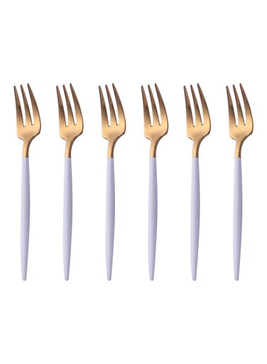 HOME 6-Piece Stainless Steel Matt Polish Cake Fork Set Gold/White 13.3centimeter