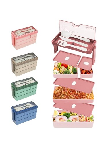 YumLock 3 Layer Lunch Box 1450ml, Includes Cutlery Set (Knife, Fork, Spoon), Stylish &amp; Leakproof Meal Container, Pink