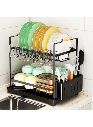 VAODO 2-Tier Dish Drying Rack，Large Kitchen Dish Drying Stand with Removable Utensil Holder and Cup Holder，Stainless Steel Dish Drainers with Wooden Handle for Kitchen Counter（42 * 42 * 30cm）