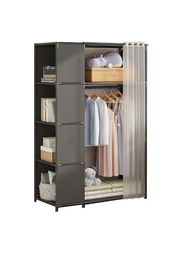 Dustproof Wardrobe Storage Cabinet,Organiser,Storage Cabinet with Curtain,Multifunctional Wardrobe Bookcase All-in-One Model (Black)