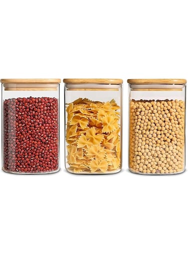 MASH Set of 3 Airtight Glass Storage Canister with Wood Lid Clear Food Storage Container Jar with Sealing Bamboo Lid for Noodles, Cereal, Tea Flour, Rice, Sugar, Coffee Beans, Candy (54Oz)