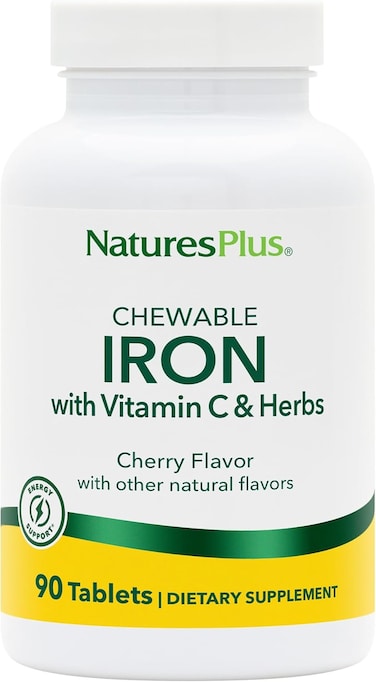 Yoozena Nature's Plus Chewable Iron With Vitamin C &amp; Herbs, 90 Tablets, Cherry Flavor - Support For Healthy Blood, Natural Energy Production &amp; Overall Well-Being